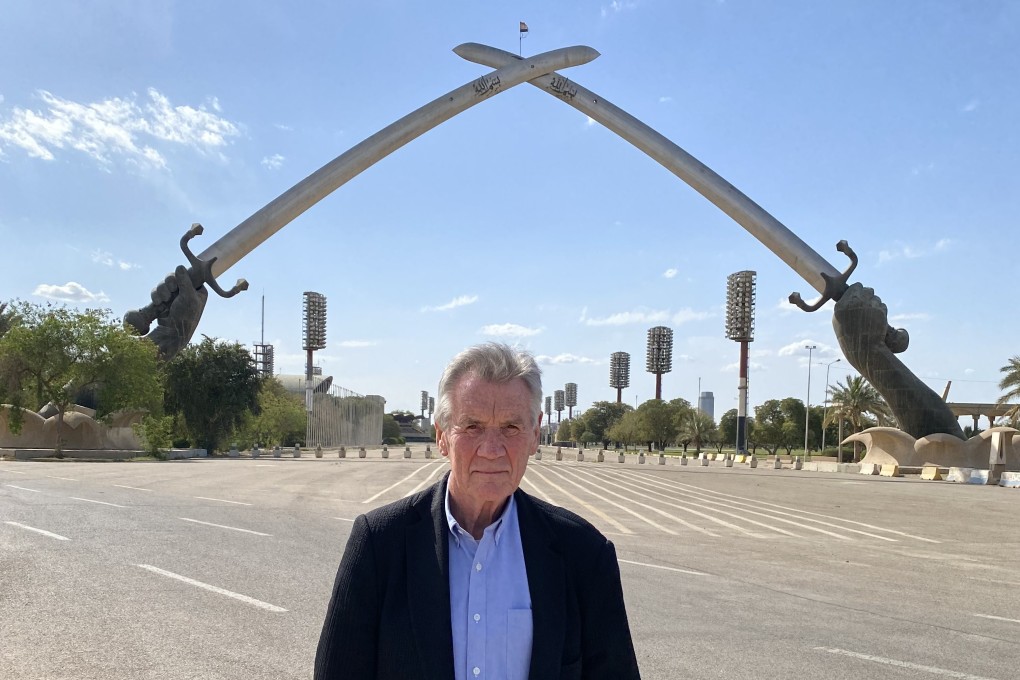 Michael Palin in front of the Victory Arch in Baghdad, Iraq in a still from BBC Earth’s “Michael Palin into Iraq”. Photo: ITN Productions/Doug Dreger