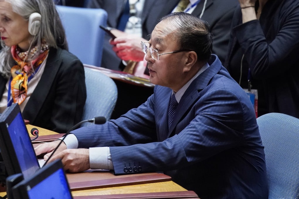 Zhang Jun, China’s ambassador to the United Nations, addresses members of the UN Security Council in New York on Monday. Photo: AP