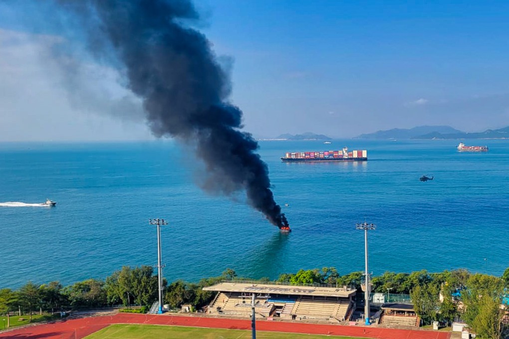 The vessel caught fire about 200 metres off Telegraph Bay on the southwest of Hong Kong Island. Photo: Quentin A. Parker