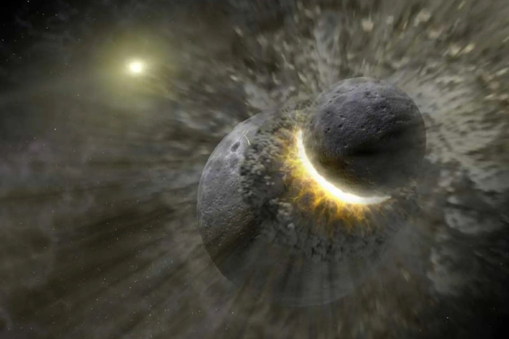 A massive object named Theia may have smashed into Earth billions of years ago, flinging material into space that became the moon. Image: Nasa