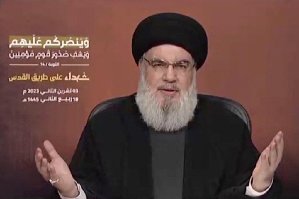 Hezbollah leader Sayyed Hassan Nasrallah delivers his first address since the October conflict between Hamas and Israel, from an unspecified location in Lebanon on Friday. Photo: Handout via Reuters