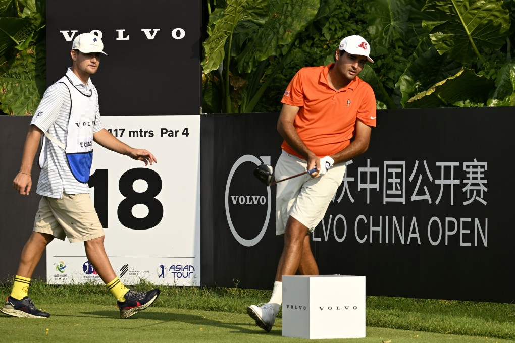 Spain’s Eugenio Chacarra watches his tee shot on 18 during the second round of the Volvo China Open at the Hidden Grace Golf Club in Shenzhen. Photo: Asian Tour