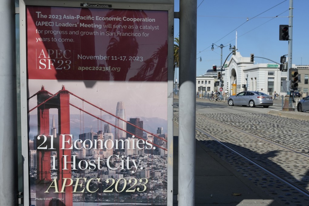Signage promotes the upcoming Asia-Pacific Economic Cooperation leaders summit in San Francisco. Photo: AP