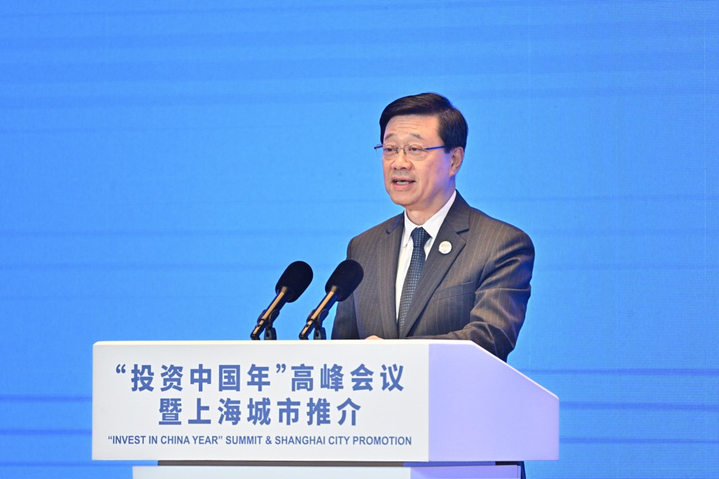 Hong Kong Chief Executive John Lee speaks at the Invest in China Summit at CIIE on Sunday. Photo: Handout