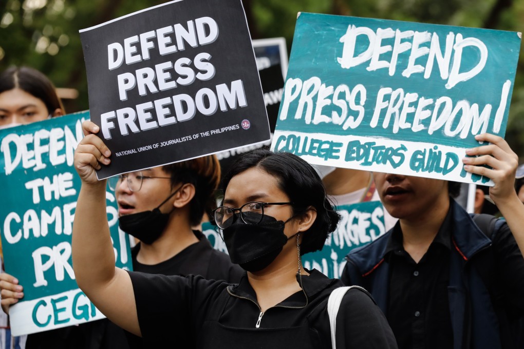 Advocates for journalists’ rights hold a rally to mark World Press Freedom Day in the Philippines on May 3. The Philippines has one of Asia’s most liberal media environments, but it remains one of the world’s most dangerous places for journalists, particularly in its provinces. Photo: EPA-EFE