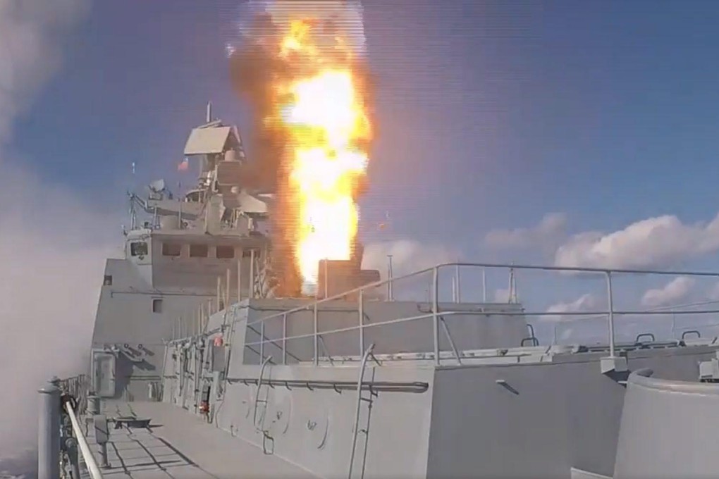 Russian frigate Admiral Grigorovich fires Kalibr cruise missiles against tagets in Syria in November 2016.  Moscow has used such missiles to attack Ukraine during its invasion.Photo: Russian Defence Ministry via EPA