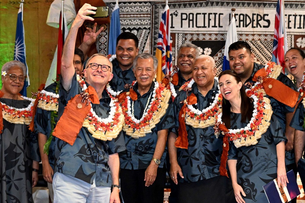 Australia’s Prime Minister Anthony Albanese (front) takes a selfie with fellow leaders during last year’s Pacific Islands Forum. Photo: AFP