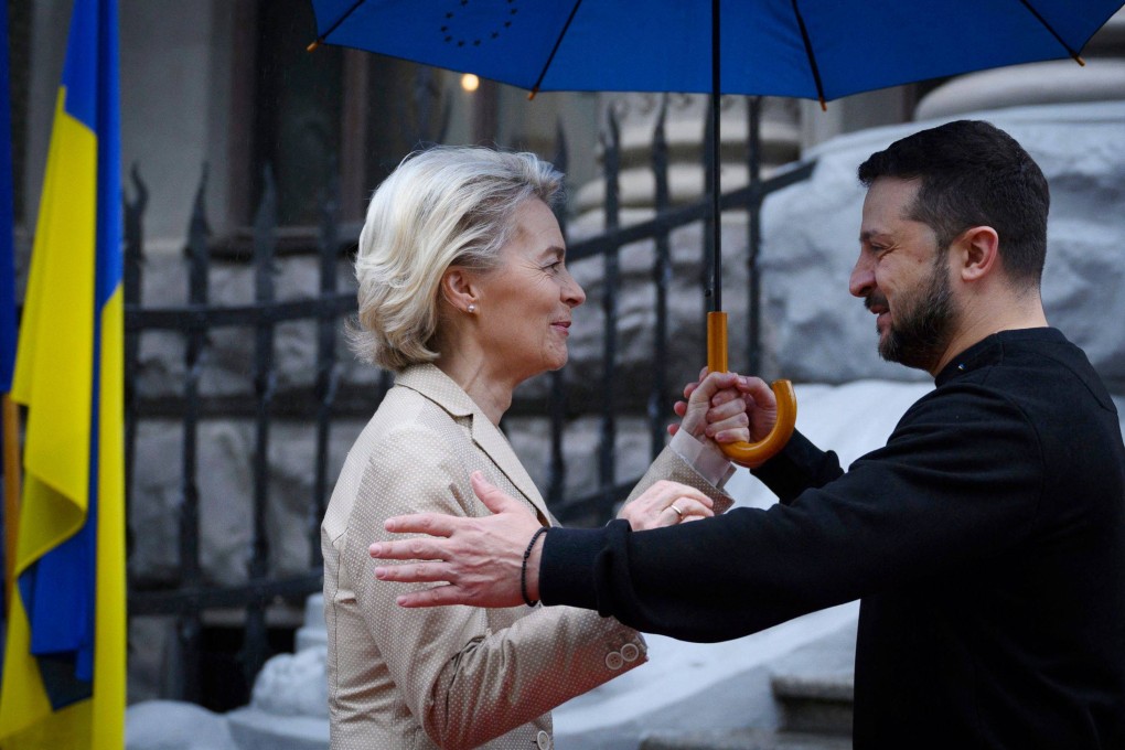 Ukraine’s President Volodymyr Zelensky and European Commission President Ursula von der Leyen in Kyiv, Ukraine on Saturday. Photo: Ukrainian Press Service / AFP / Handout