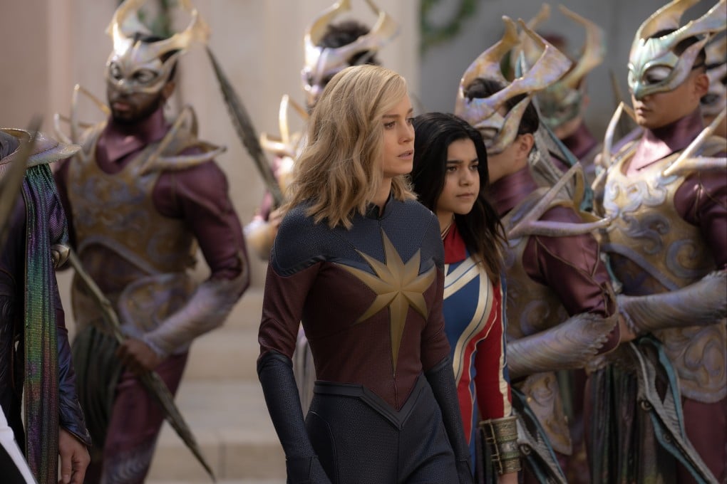 Brie Larson (left) as Captain Marvel/Carol Danvers and Iman Vellani as Ms. Marvel/Kamala Khan in a still from “The Marvels” (category IIA). Teyonah Parris co-stars, while Nia DaCosta directs. Photo: Laura Radford/Marvel