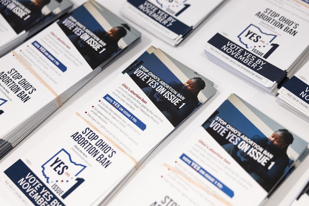 Pamphlets lay on a table during a pro-choice canvassing meeting ahead of the general election in Ohio. Photo: TNS