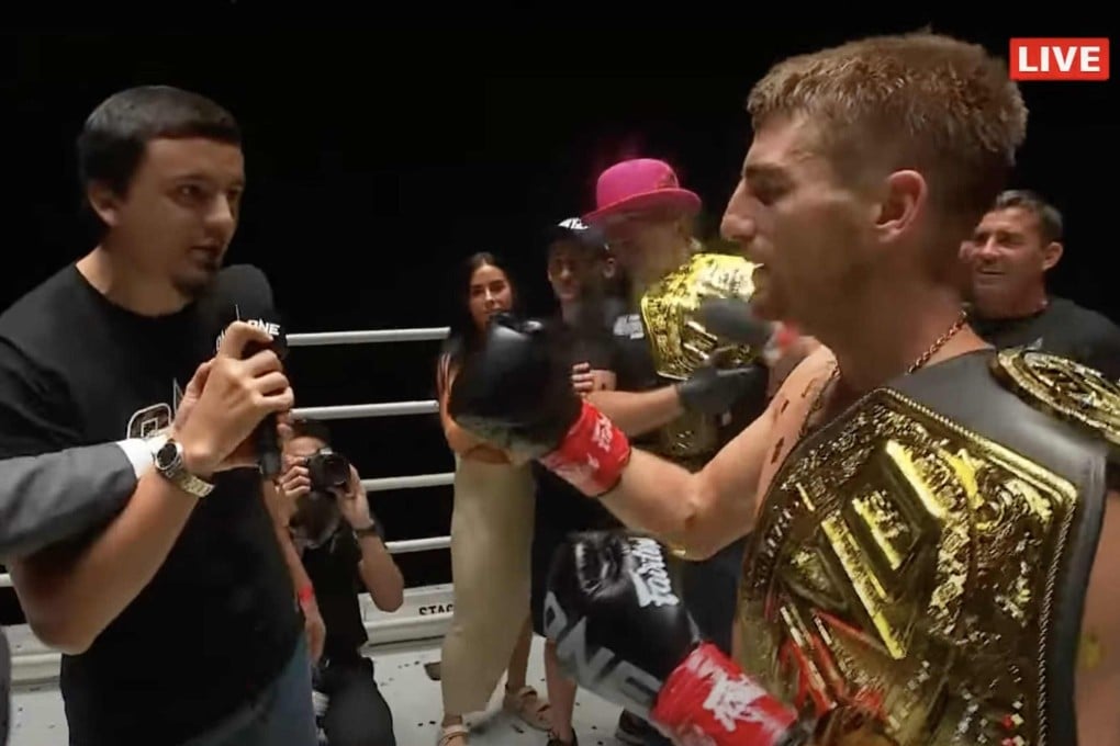 Alaverdi Ramazanov confronts Jonathan Haggerty is the ring at ONE Fight Night 16 after the main event. Photos: ONE Championship