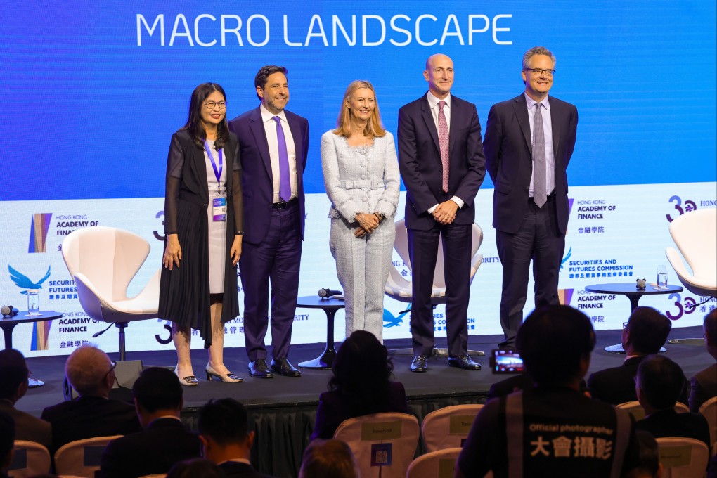 (L to R) Julia Leung, Chief Executive Officer, Securities and Futures Commission; Andrew Schlossberg, President and Chief Executive Officer, Invesco; Anne Richards, CEO, Fidelity International; Mike Gitlin, CEO, Capital Group; and Mark Wiedman, Head of the Global Client Business, BlackRock, attend the Conversations with Global Investors - Global Financial Leader’s Investment Summit, at Four Seasons Hotel, Central. Photo: May Tse