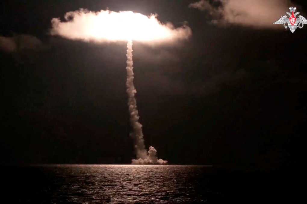 Russia’s new nuclear-powered submarine, Imperator Alexander III, test launches the Bulava ballistic missile, designed to carry nuclear warheads, from the White Sea, in this image taken from a video released on November 5 by the Russian Defence Ministry. Photo: Reuters
