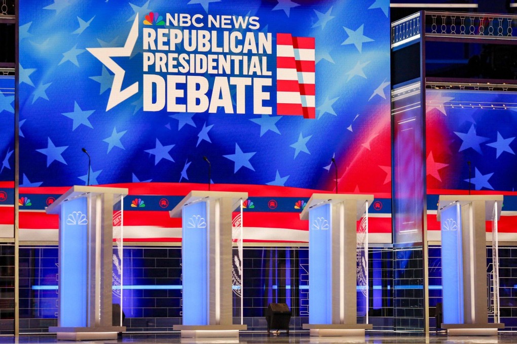 The debate hall in Miami ahead of the Republican presidential primary, which will once again not feature the front-runner Donald Trump. Photo: Bloomberg
