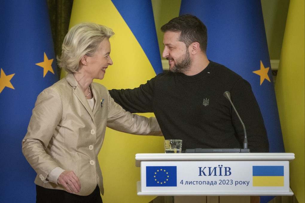Ukrainian President Volodymyr Zelenskyy and European Commission President Ursula von der Leyen at a press conference in Kyiv last Saturday. Photo: AP