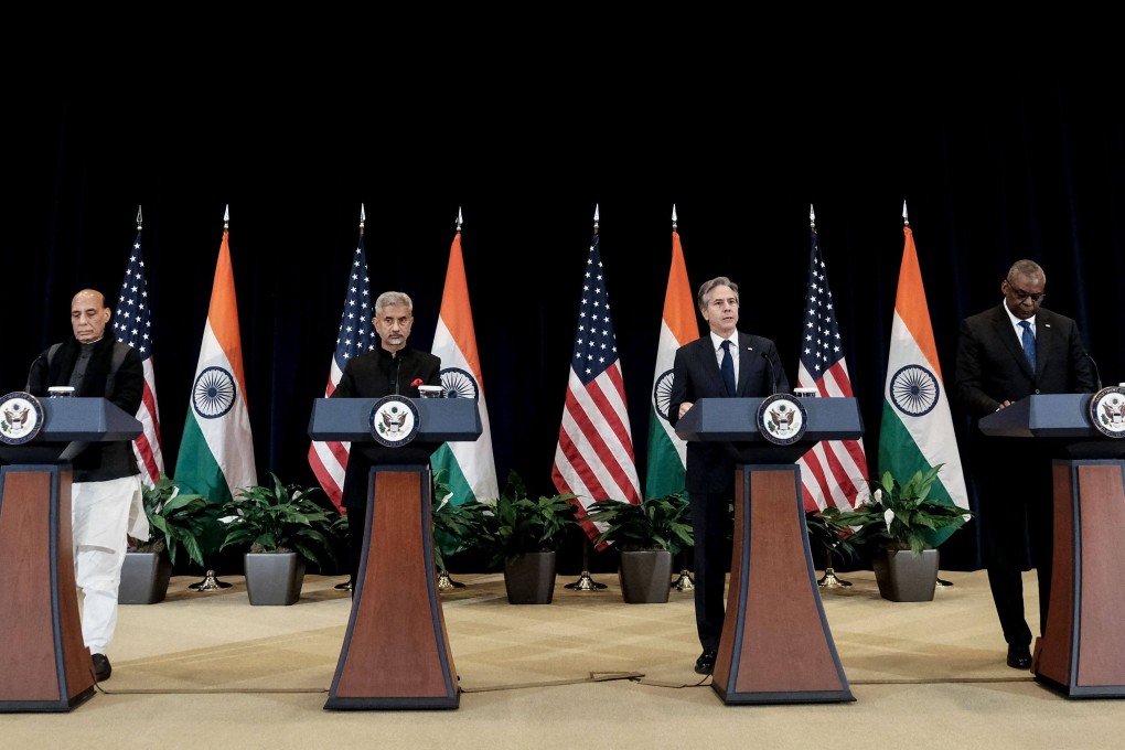 (From left) India’s Defence Minister Rajnath Singh and External Affairs Minister Subrahmanyam Jaishankar with US Secretary of State Antony Blinken and Defence Secretary Lloyd Austin during the fourth US-India 2+2 Ministerial Dialogue in Washington on April 11, 2022. Photo: AFP