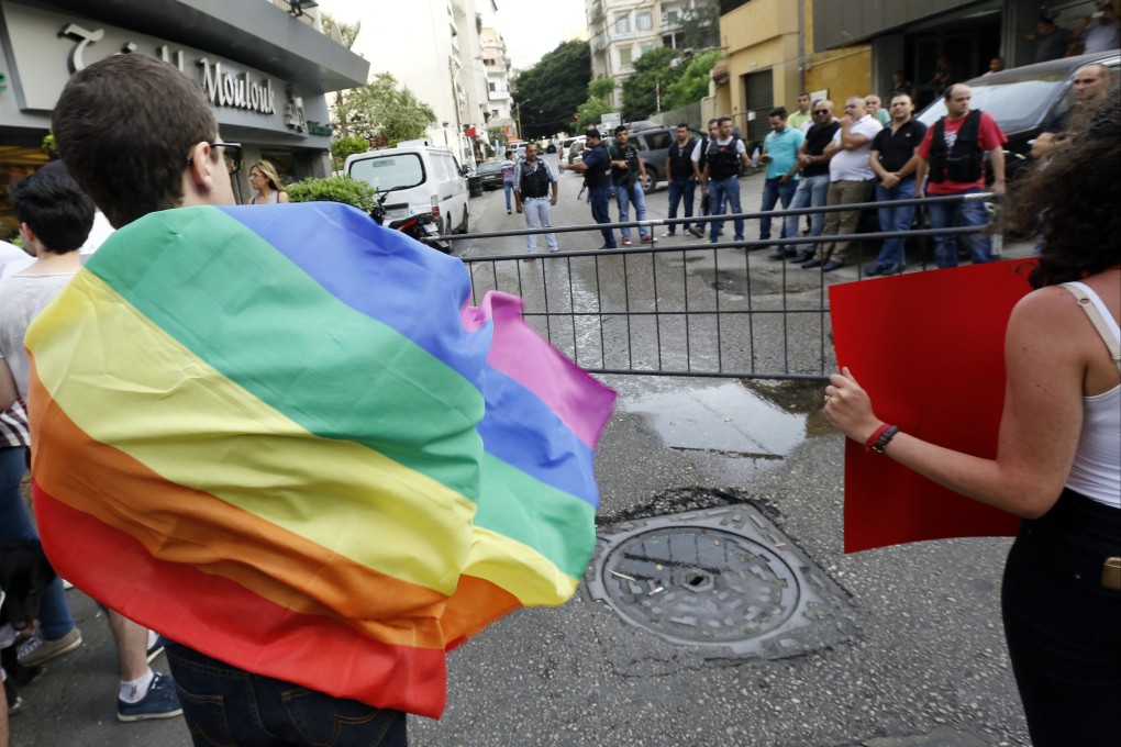 Activists from of the Lebanese LGBT community take part in a protest outside in Beirut on May 15, 2016. Lebanon was the first Arab country to hold a gay Pride week – in 2017. Photo: AFP