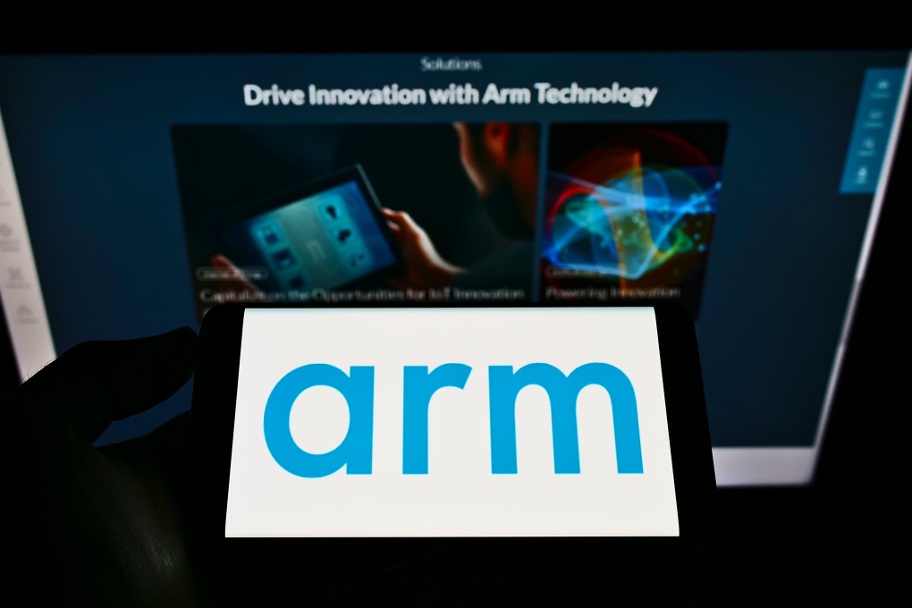 The logo of Arm seen on a screen in front of a business webpage. Photo: Shutterstock