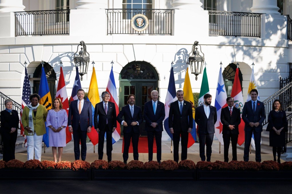 US President Joe Biden, centre, stands for a family photograph with leaders of the Americas Partnership for Economic Prosperity at the White House on November 3. The Biden administration is establishing a forum to boost regional competitiveness, as the US and China battle for geoeconomic and geostrategic influence. Photo: Bloomberg