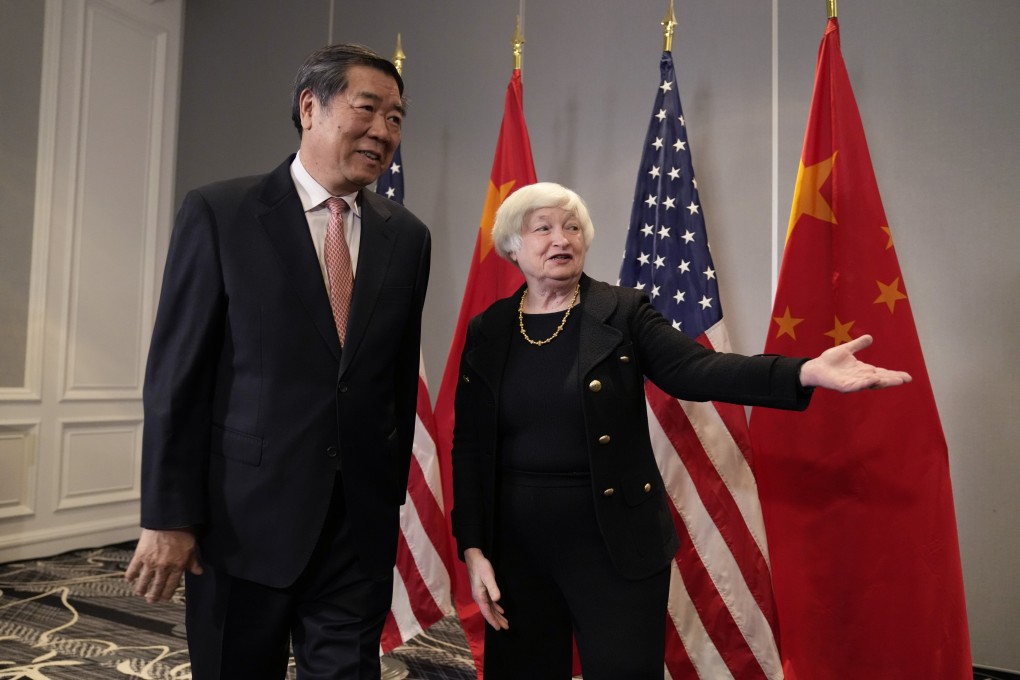 US Treasury Secretary Janet Yellen greeting Chinese Vice-Premier He Lifeng in San Francisco on Thursday as they began two days of talks. Photo: AP