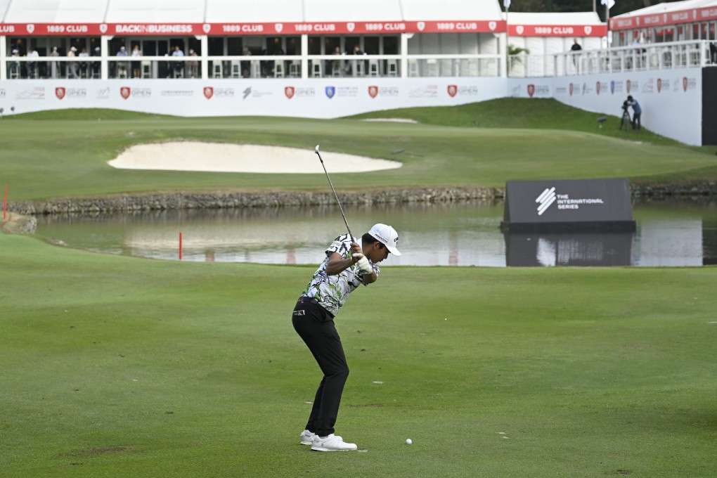 Phachara Khongwatmai hits his approach into the 18th green during the second round of the Hong Kong Open. Photo: Asian Tour.