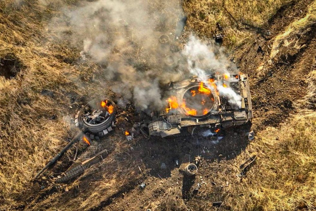 A Russian tank burns in a field near the town of Vuhledar, in Ukraine’s Donetsk region, in a picture released on Sunday. Photo: Press Service of the 72nd Black Zaporozhians Separate Mechanised Brigade of the Ukrainian Armed Forces via Reuters