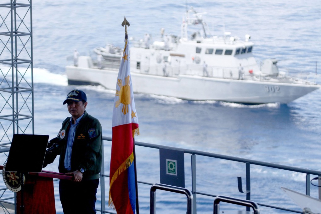 Philippine President Ferdinand Marcos Jnr speaks on board the BRP Davao del Sur, off Zambales, facing the South China Sea, on May 19. Photo: AFP