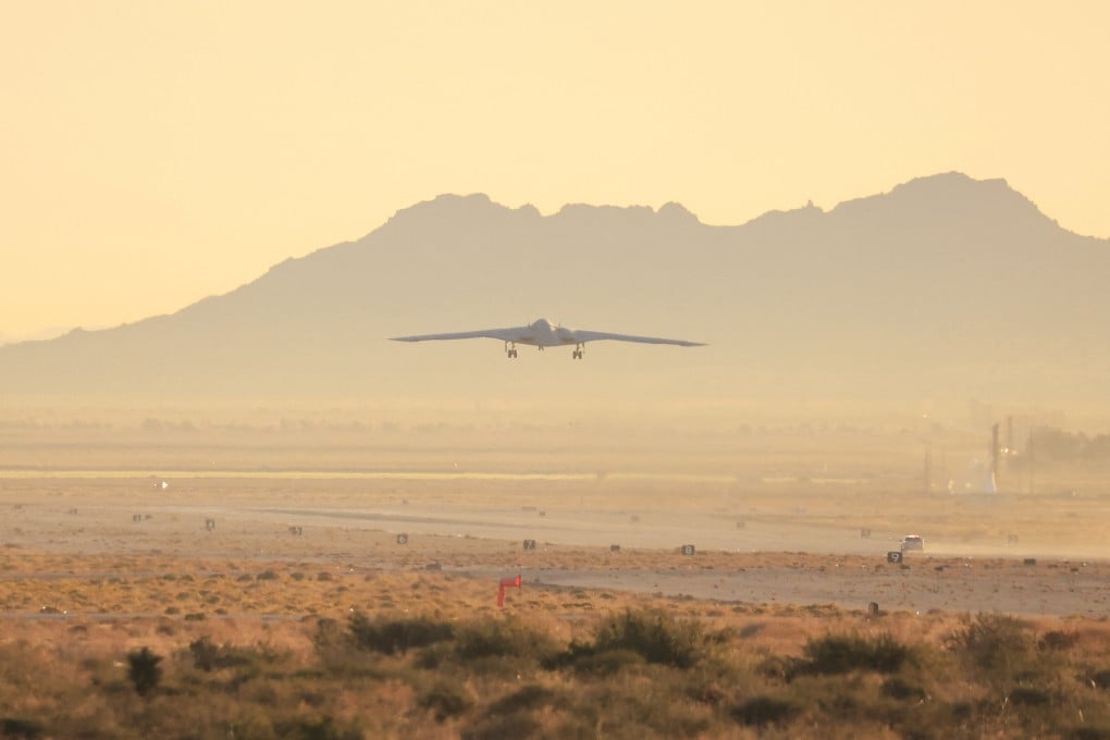 The US Air Force’s B-21 Raider takes off from the runway at Northrop Grumman’s site at Air Force Plant 42 in Palmdale, California, on Friday. Photo: Reuters