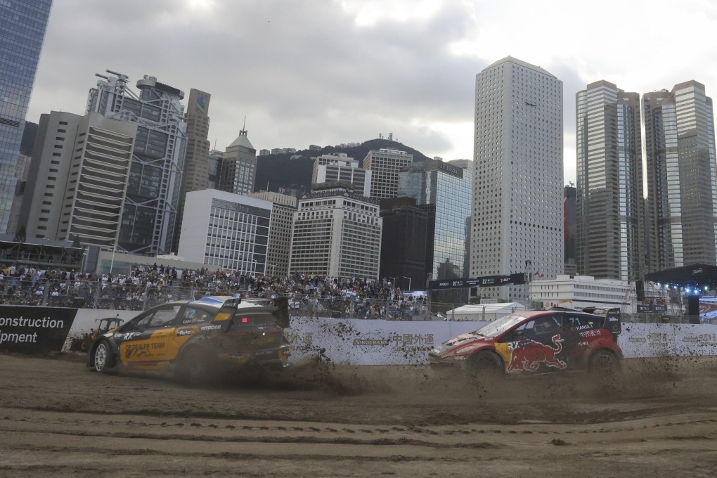 Sunday’s World Rallycross racing unfolds at Central Harbourfront. Photo: Jonathan Wong