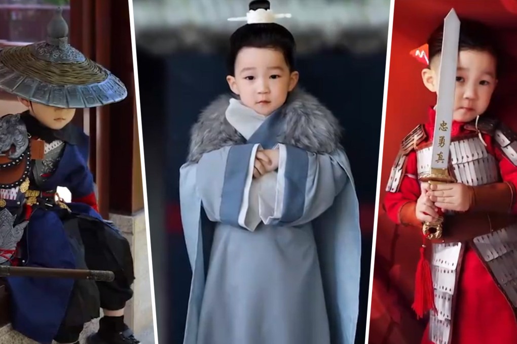 A mother and her three-year-old son in China have captivated mainland social media by coming together to craft ancient-style Chinese costumes using household items. Photo: SCMP composite/Baidu