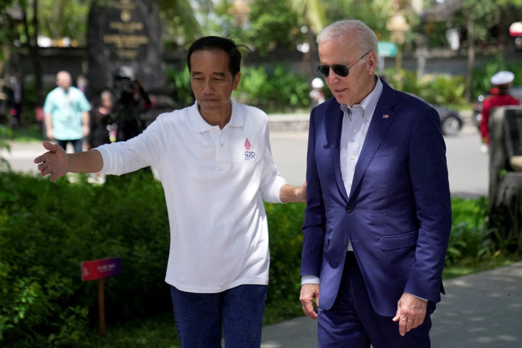 Indonesian President Joko Widodo, left, and US President Joe Biden at the G20 summit in Bali, Indonesia in November last year.  Widodo will meet Biden at the White House in Washington on Monday, sources said on Sunday. Photo: Pool via Reuters