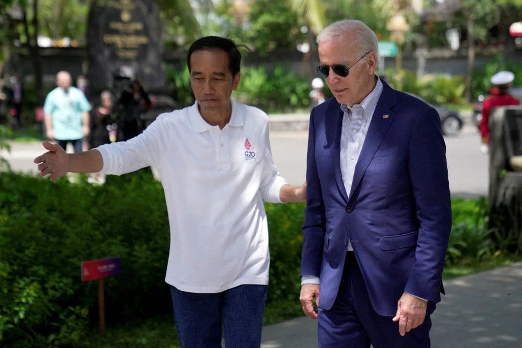 Indonesian President Joko Widodo, left, and US President Joe Biden at the G20 summit in Bali, Indonesia in November last year. Widodo will meet Biden at the White House in Washington on Monday, sources said on Sunday. Photo: Pool via Reuters