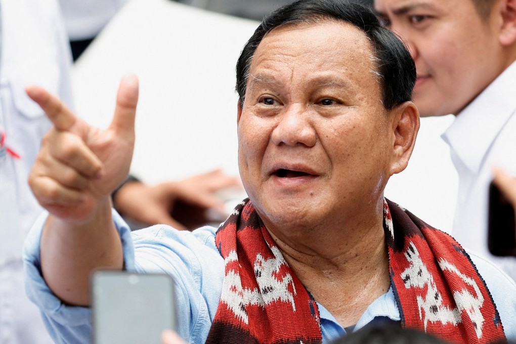 Indonesia’s defence minister and presidential candidate, Prabowo Subianto, greets the supporters at the election commission headquarters in Jakarta on October 25. Photo: Reuters