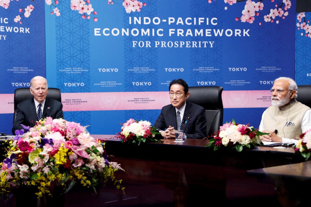 US President Joe Biden delivers remarks alongside Japanese Prime Minister Fumio Kishida and Indian Prime Minister Narendra Modi during the Indo-Pacific Economic Framework for Prosperity launch event in Tokyo on May 23, 2022. Photo: Reuters