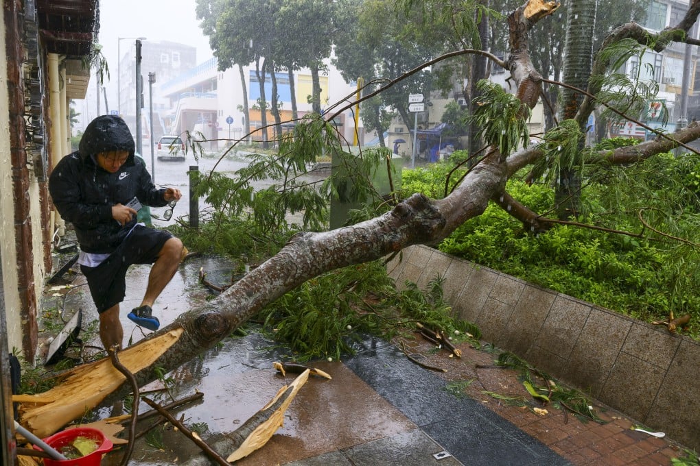 A pedestrian climbs over damage caused by super typhoon Saola. Photo: Dickson Lee
