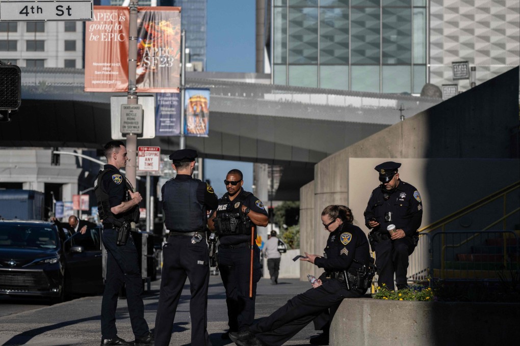 Police stand guard near the Moscone convention centre hosting the Apec summit in San Francisco on Monday. Photo: AFP