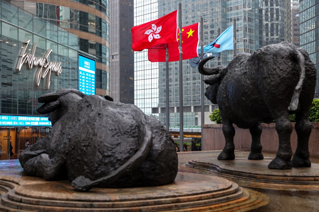 Sculptures of bulls watch over the plaza outside Exchange Square, home to the Hong Kong stock exchange, on October 18, 2023. Photo: Yik Yeung-man