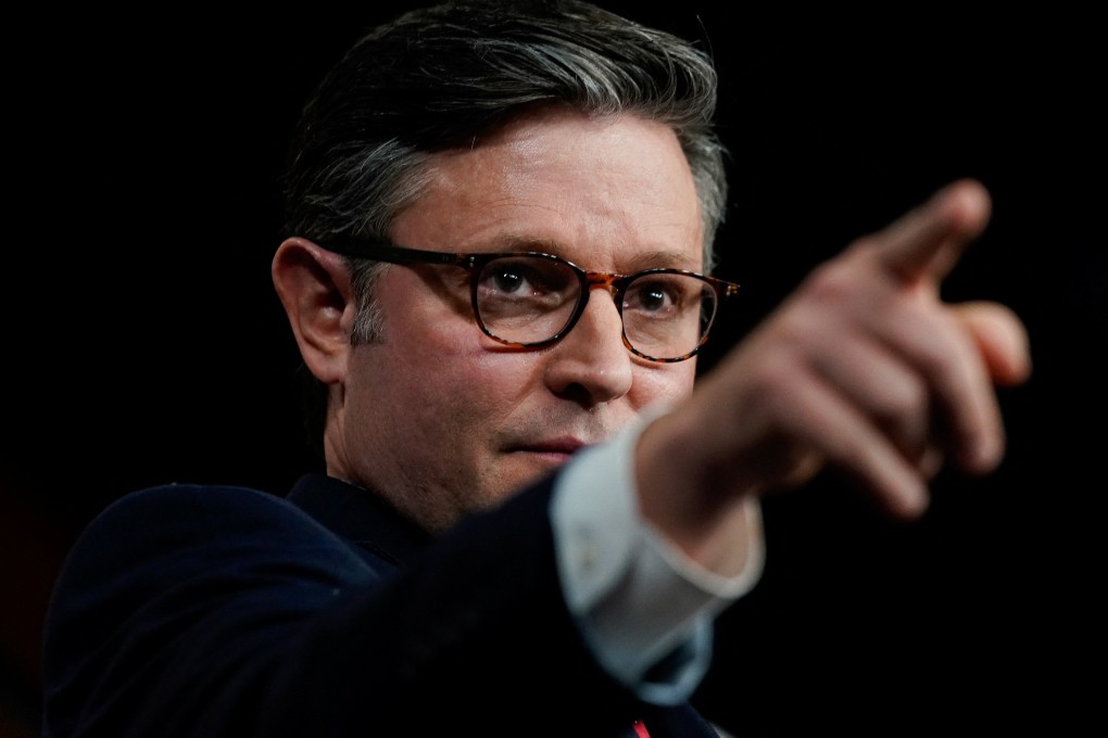 US House Speaker Mike Johnson speaks during a press conference on Capitol Hill on Tuesday. Photo: Reuters