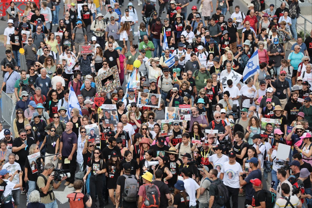 Families of Israeli hostages held by Hamas march in Tel Aviv on Tuesday. Photo: EPA-eFE