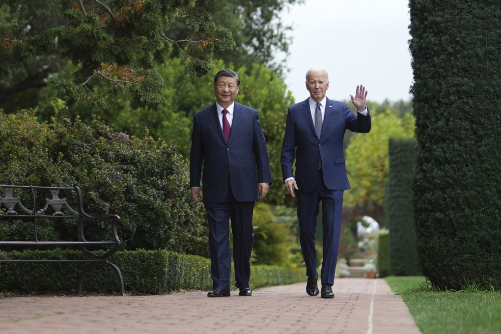 Xi Jinping and Joe Biden walk in the gardens of the Filoli Estate in California. Photo: AP
