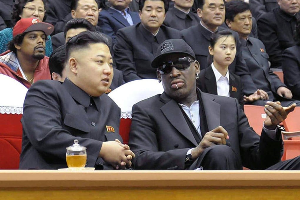 North Korean leader Kim Jong-un and former NBA star Dennis Rodman speaking at a basketball game in Pyongyang in March 2013. Photo: KCNA