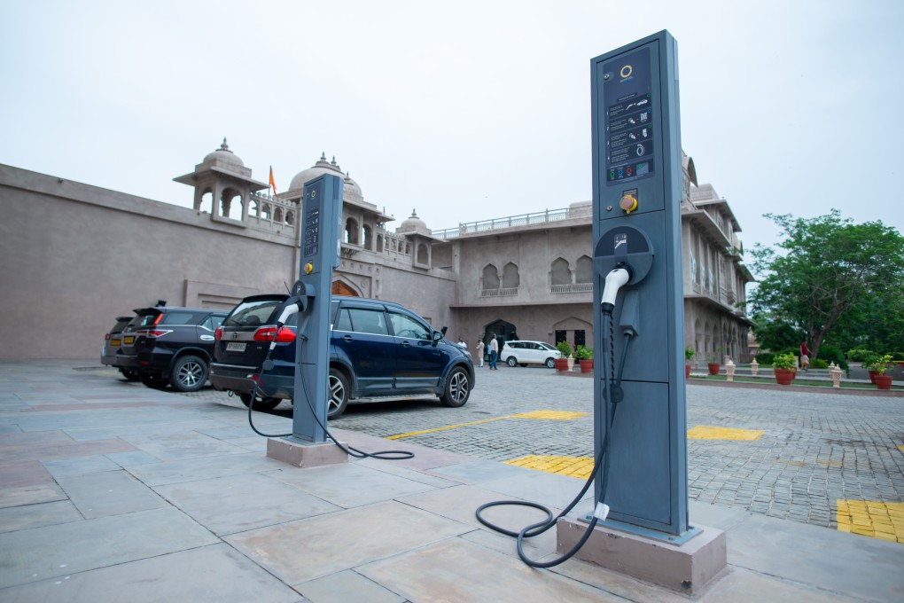 An EV charging point in Jaipur. India has been trying hard to expand the EV industry. Photo: Shutterstock