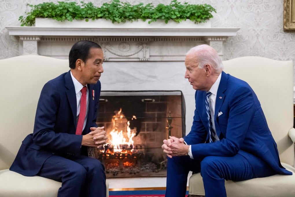US President Joe Biden speaks with Indonesian President Joko Widodo during a meeting in the Oval Office of the White House in Washington, DC, on Monday. Photo: AFP