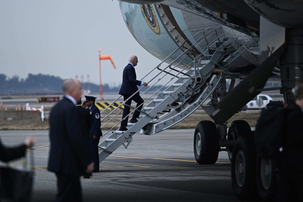 US President Joe Biden boards Air Force One at San Francisco International Airport on Friday after attending the Asia-Pacific Economic Cooperation summit. Photo: AFP