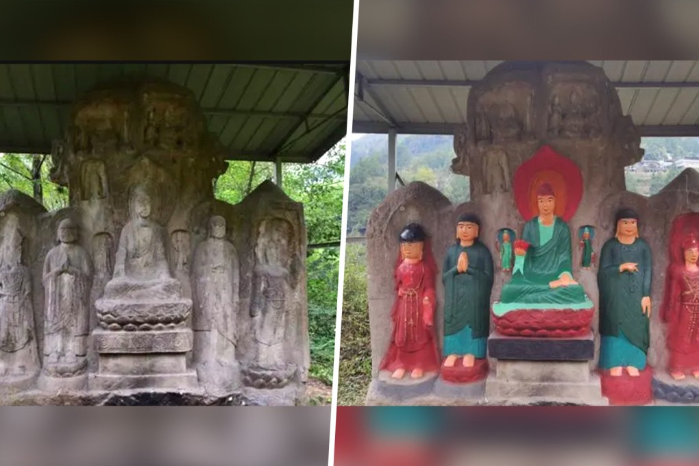A set of 1,400-year-old Buddhist statues in China have been damaged inadvertently by villagers who gave them a gaudy paint job. Photo: SCMP composite/Baidu