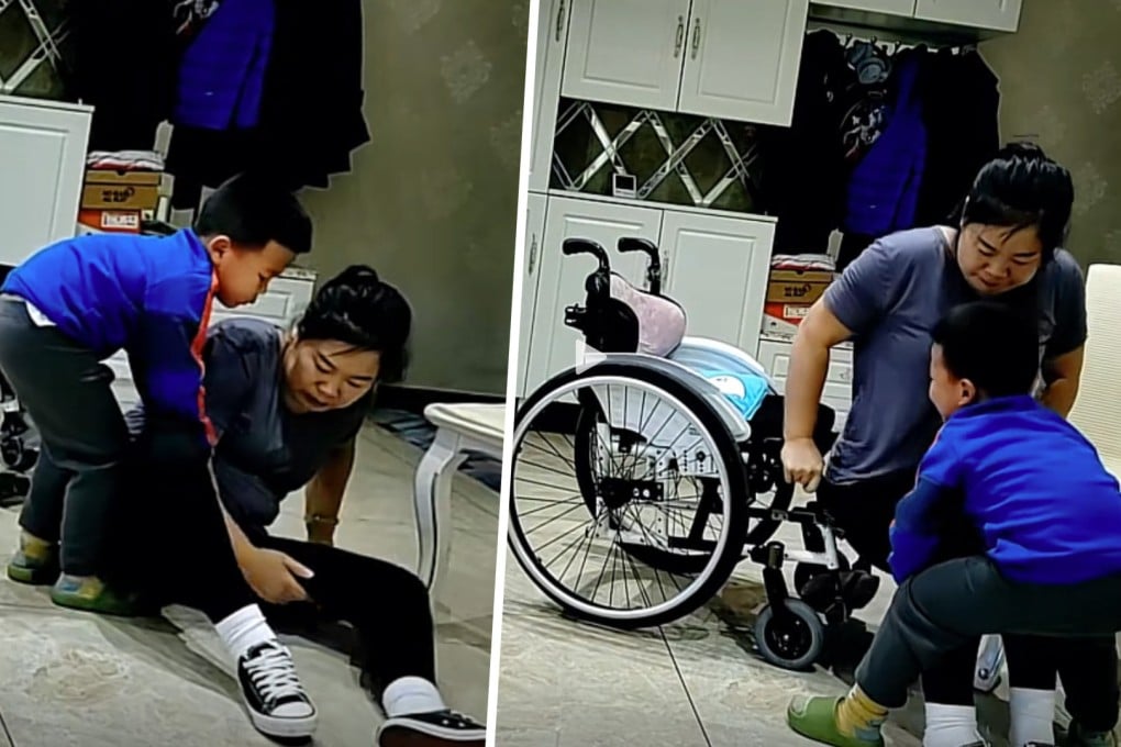Video of a four-year-old boy helping his disabled mother back into her wheelchair after a fall has captivated mainland social media. Photo: SCMP composite/Douyin