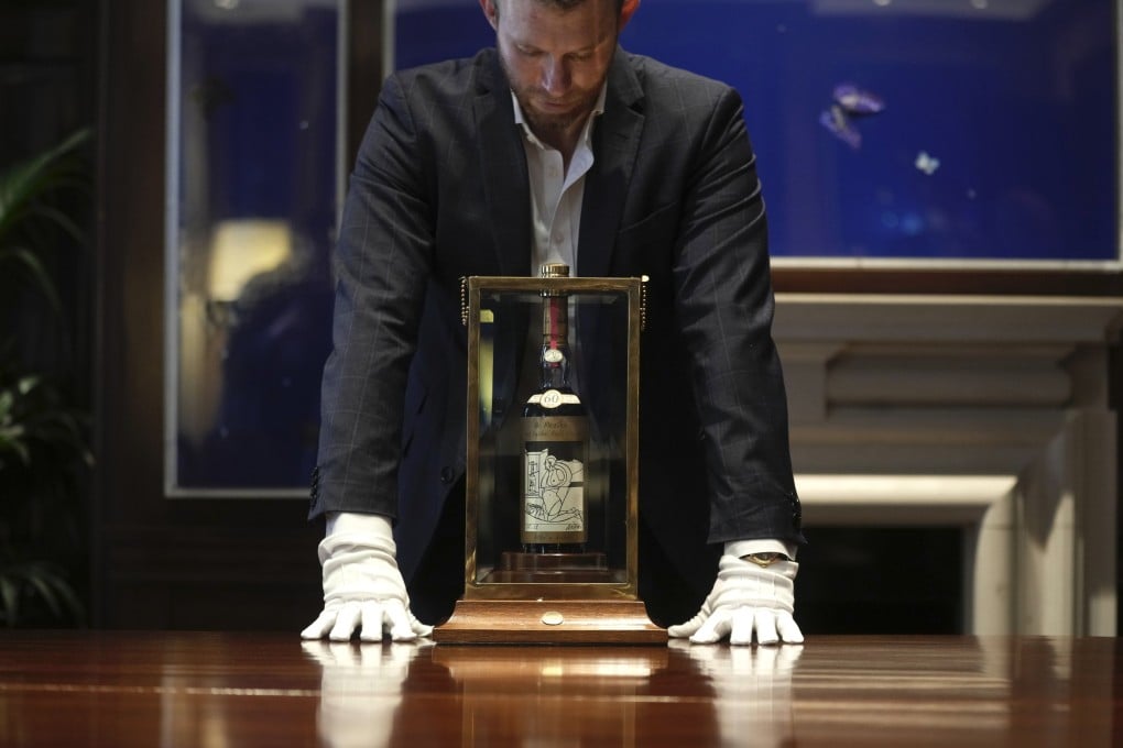 A bottle of Macallan Adami 1926 whisky, on display at Sotheby’s auction house in London on Thursday. Photo: AP
