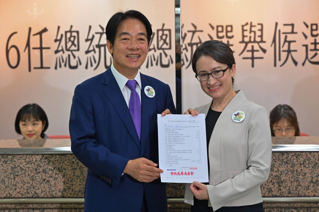 Taiwanese presidential candidate William Lai and his running mate Hsiao Bi-khim pictured at the Central Elections Committee after formerly registering their candidacy on Tuesday. Photo: AFP
