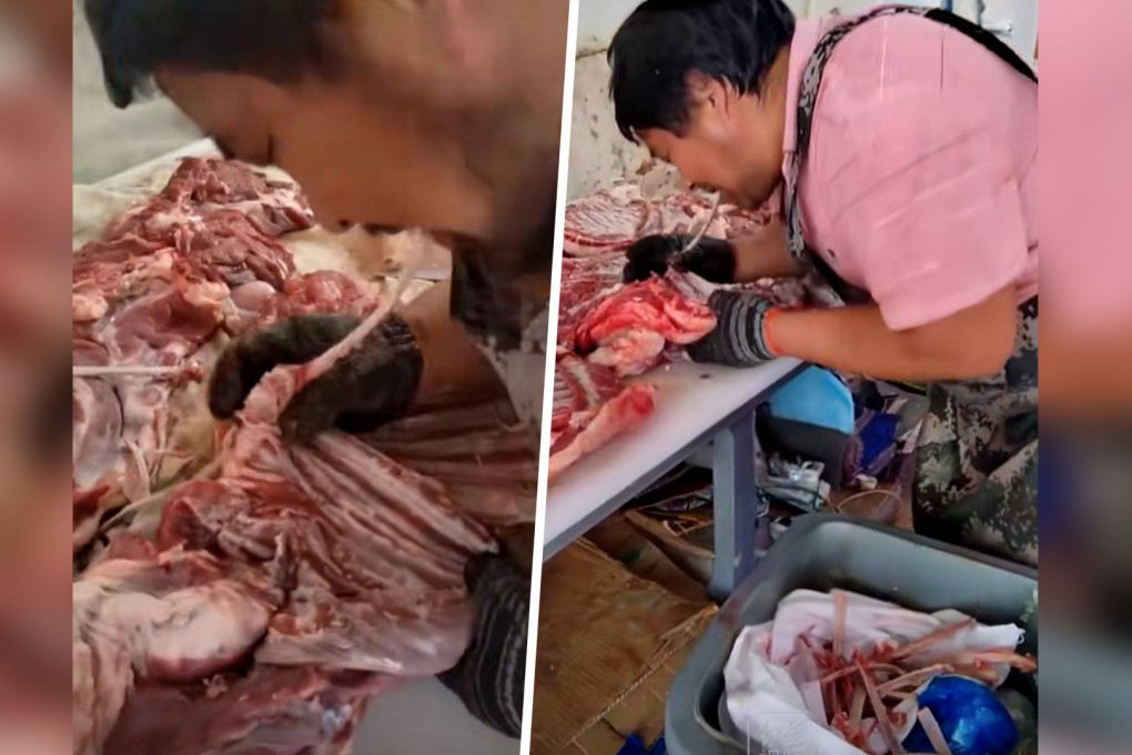 A wave of revulsion has hit mainland social media after a video emerged of a butcher’s shop employee deboning raw meat with his mouth. Photo: SCMP composite/Douyin