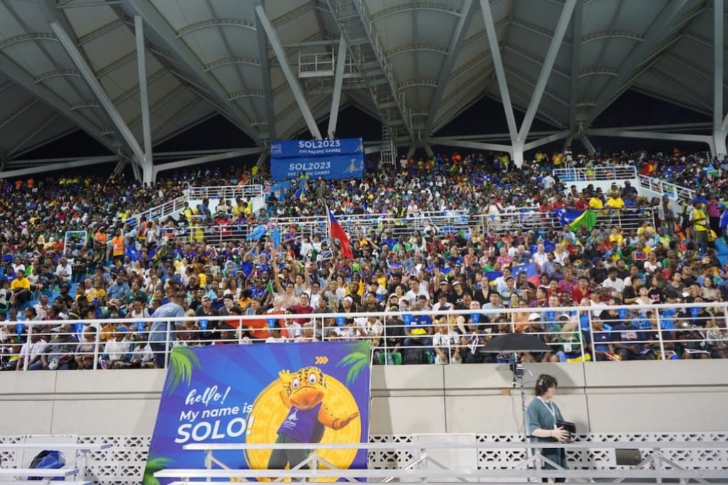 Fans at the China-built 10,000-seater stadium for the Pacific Games in Honiara, Solomon Islands. Photo: Christopher Cottrell